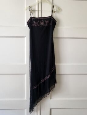 Vintage 90s Asymmetrical Black Mesh Slip Dress Pink Glitter Detail Size M